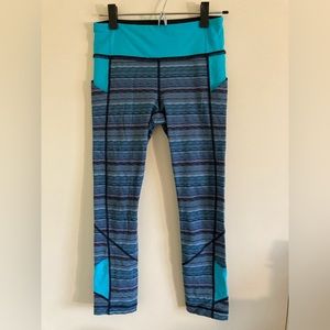 Lululemon Leggings Pace Rival Crop Peacock Blue Stripe Athletic  Size 4